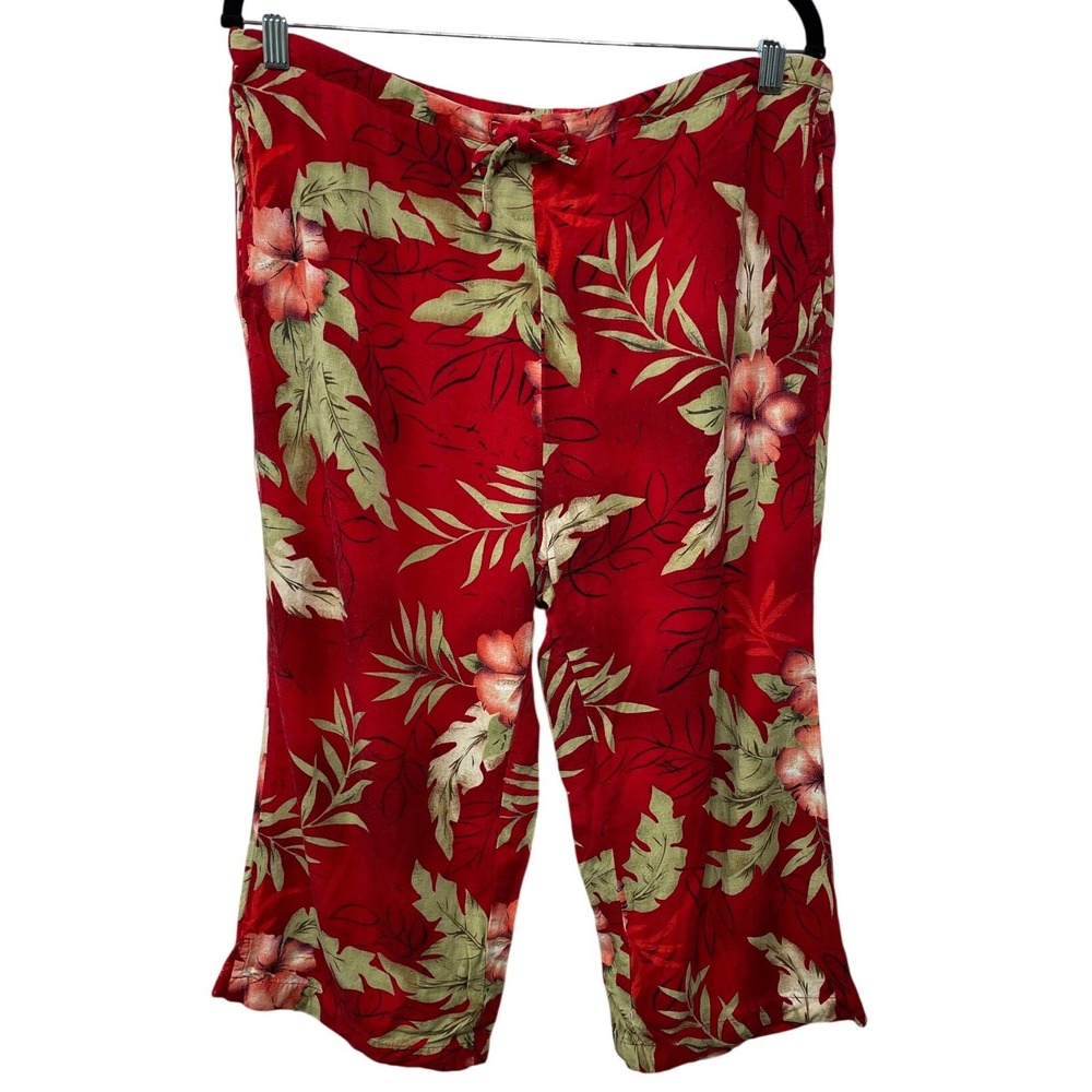 White Stag Vintage Y2K Red Tropical Hibiscus Rayon Pants L Petite Island Resort